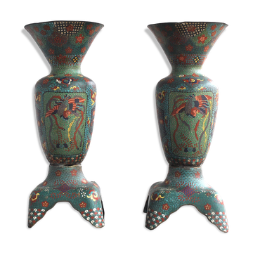 Pair of vases in cloisonné bird early twentieth