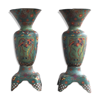 Pair of vases in cloisonné bird early twentieth