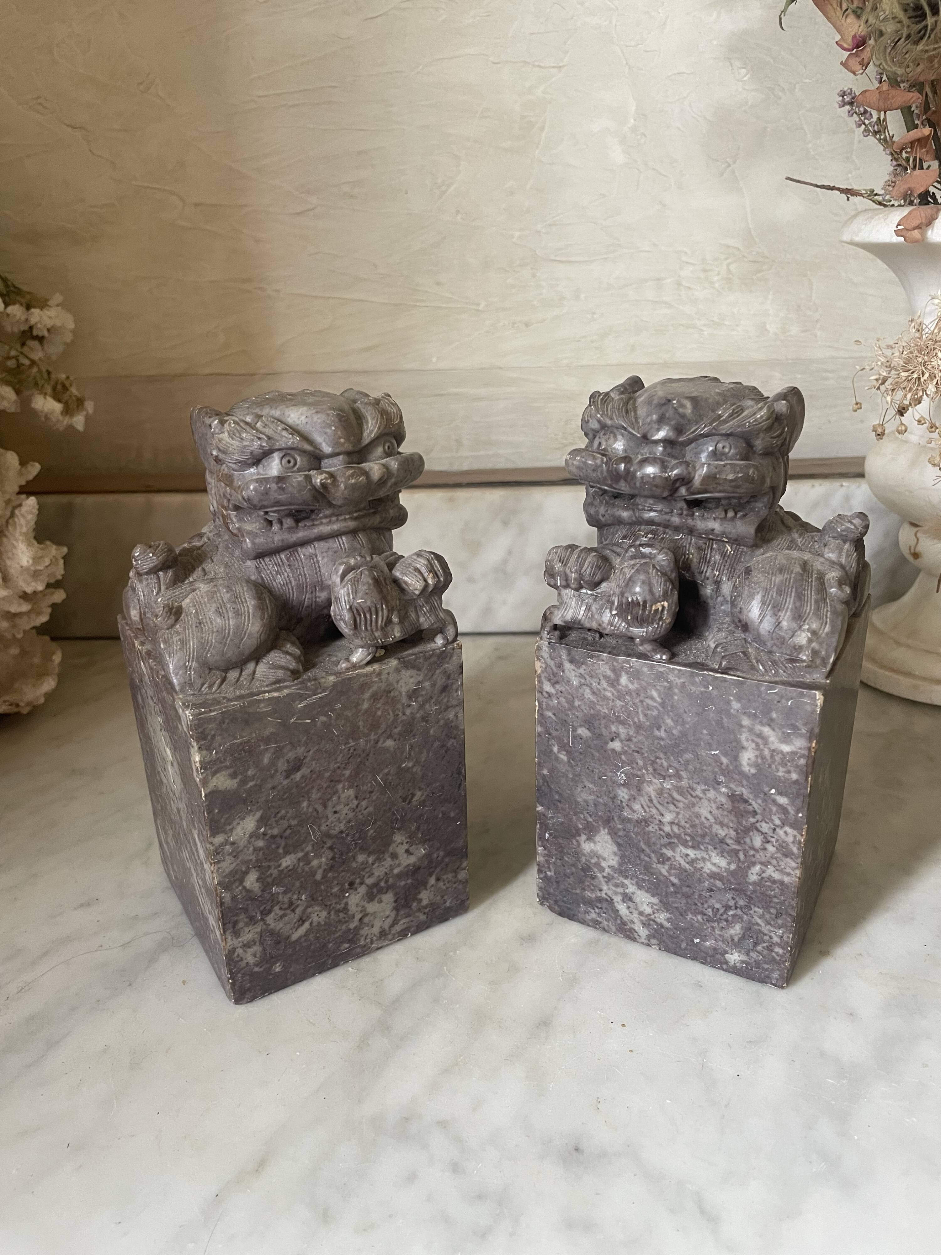Pair of Foo Dog bookends in sculpted steatite.