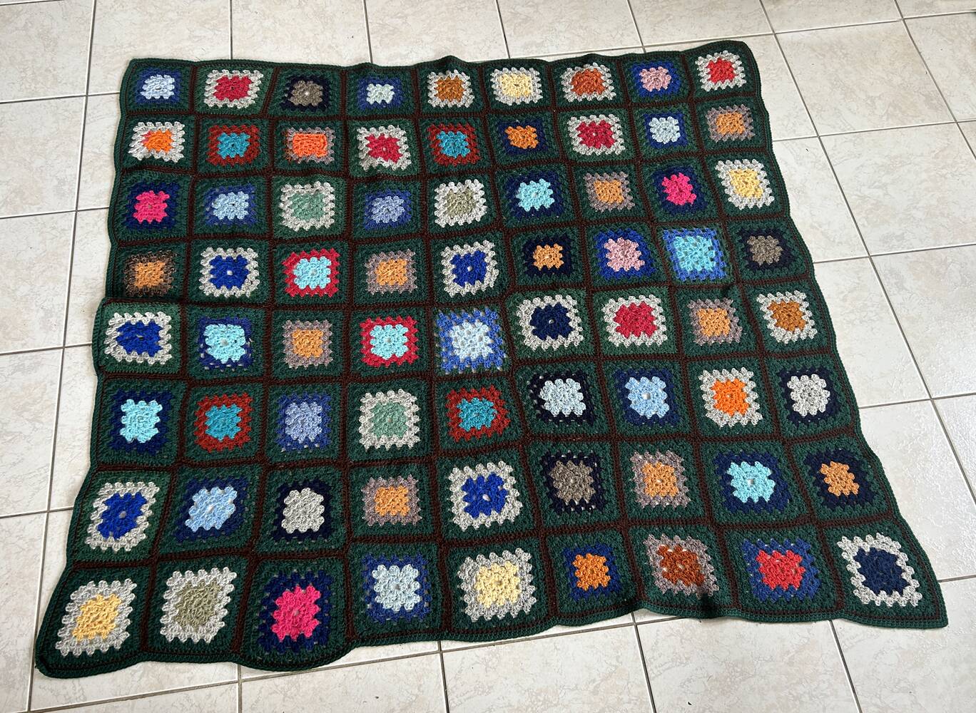 Plaid, sofa throw, crochet, handmade, vintage, 70s