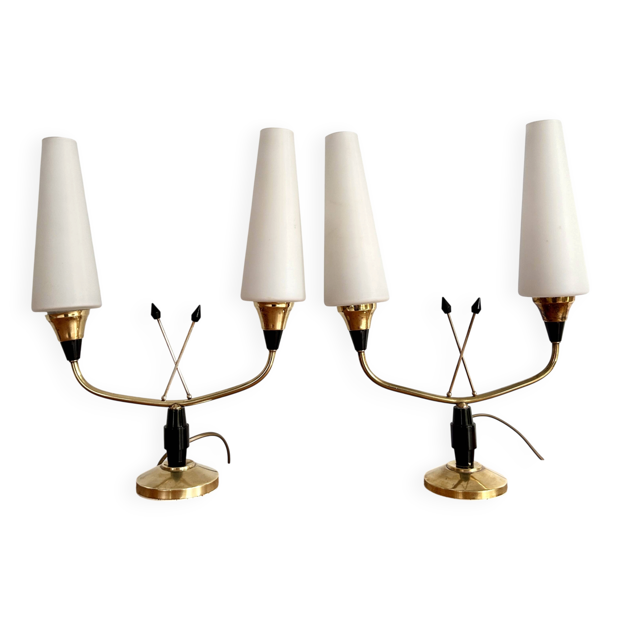 Pair of brass and opaline lamps from the 1950s.