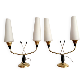 Pair of brass and opaline lamps from the 1950s.