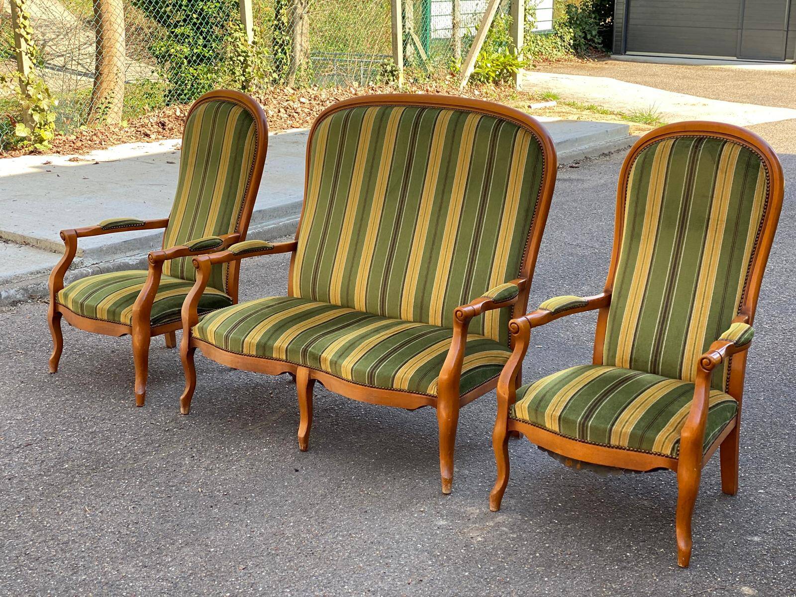 Voltaire Louis XV style living room set in green and yellow velvet with stripes