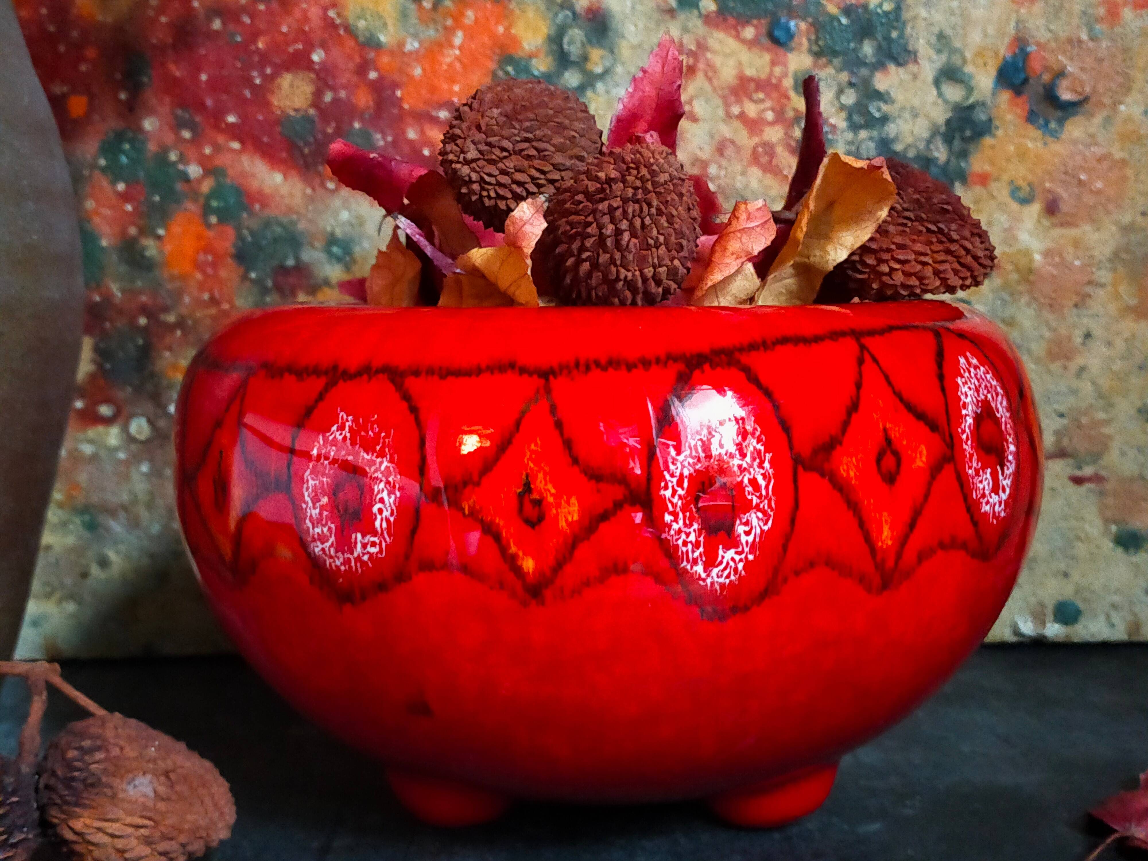 Vintage bright red enamel ceramic tripod vase