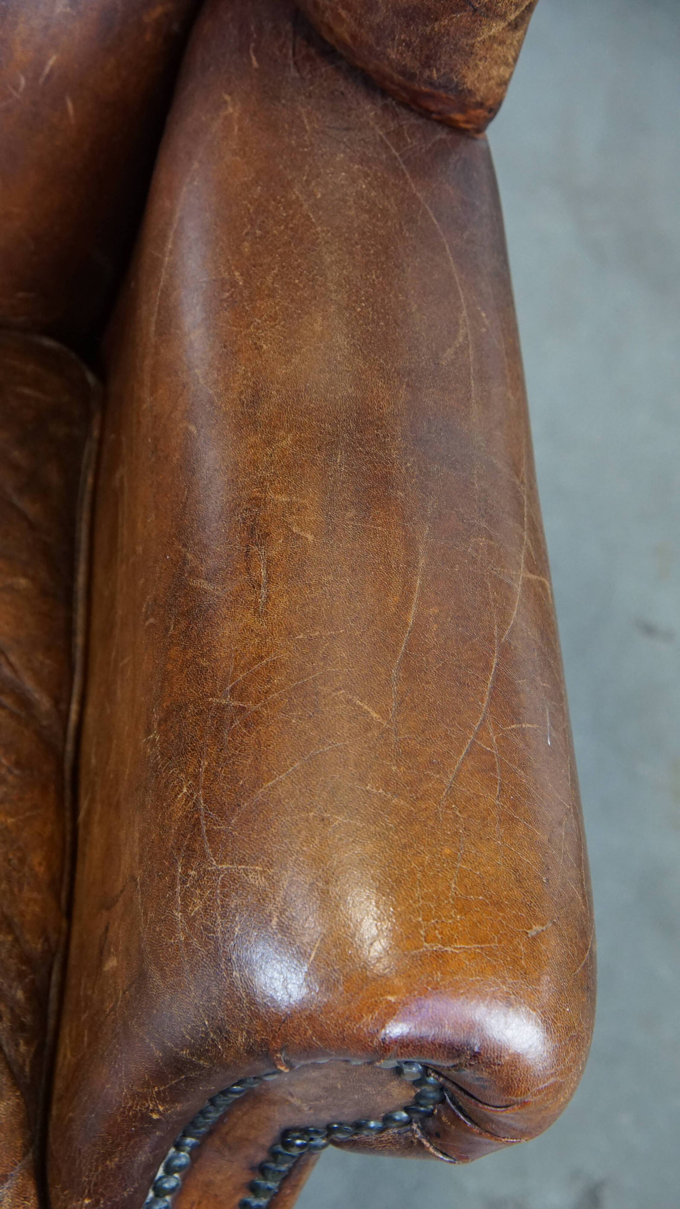 Large Vintage English-Style Sheepskin Leather Wingback Armchair