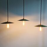 Trio of large industrial suspensions in green enamelled sheet metal.