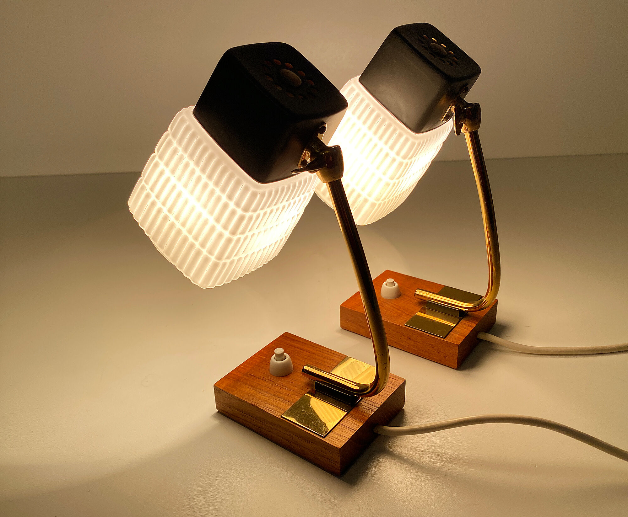 Pair of vintage Scandinavian lamps, teak and glass, 60s