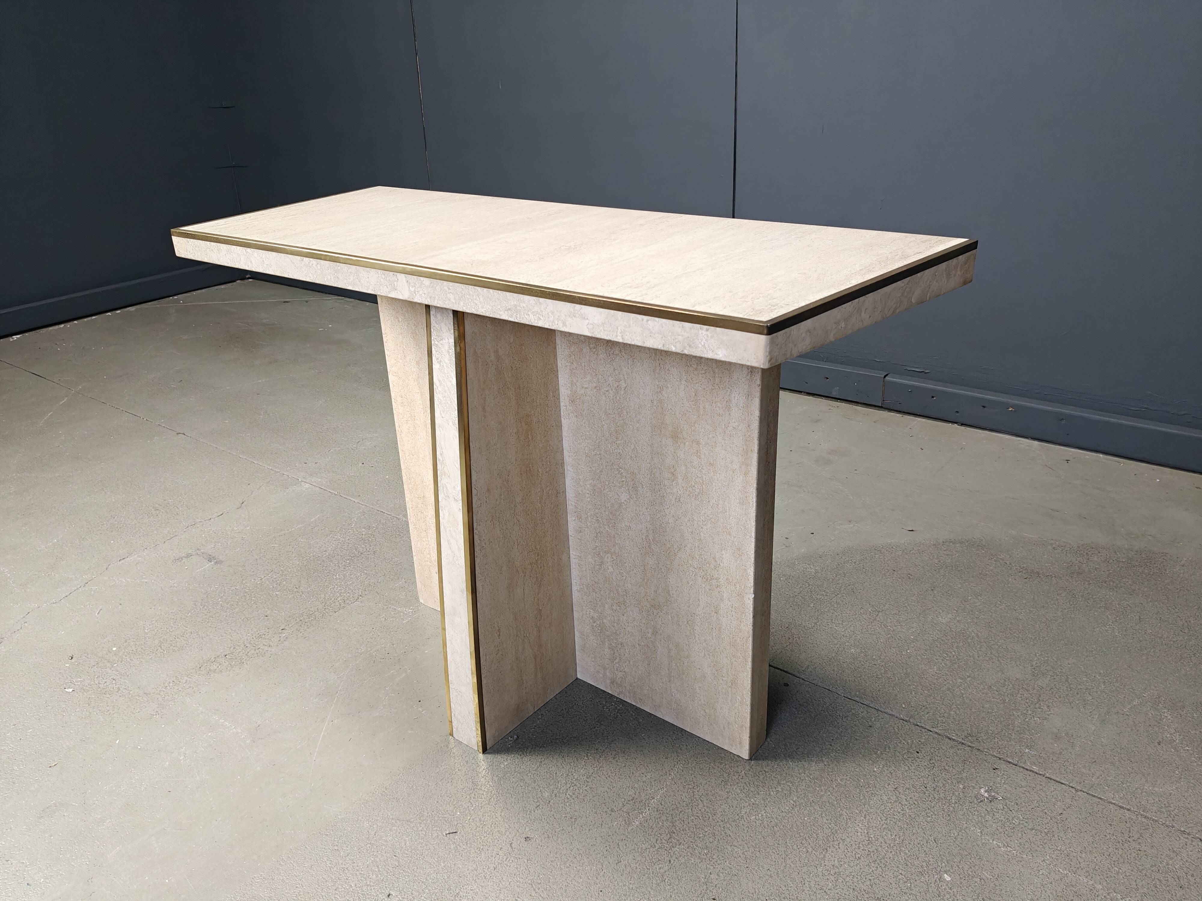 Vintage travertine and brass console table, 1970s