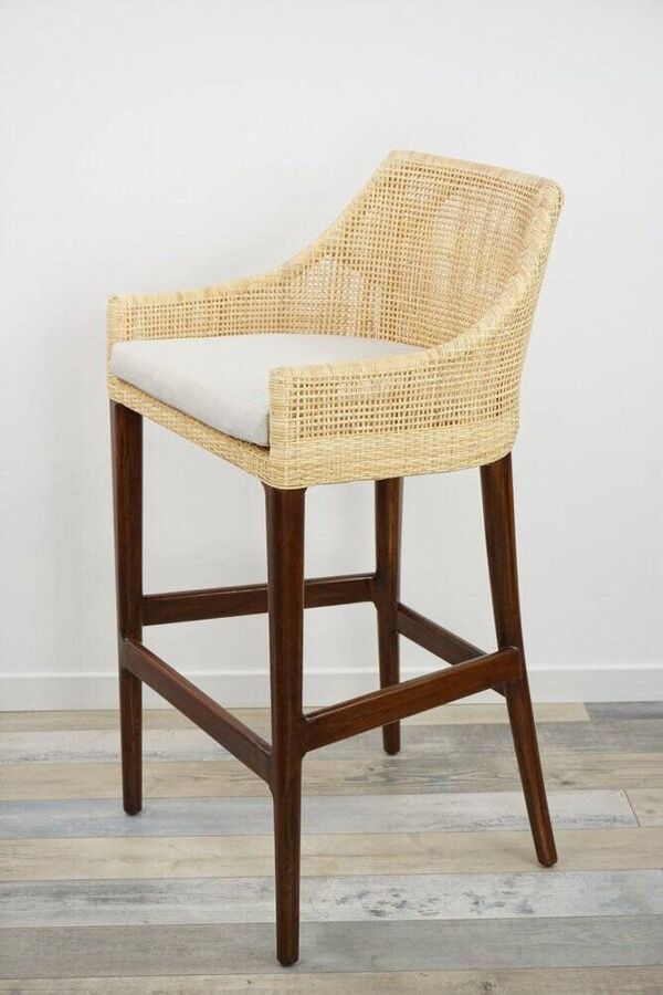 Tabouret de bar en bois et rotin, France