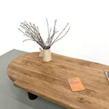 XXL oval coffee table in solid oak, cylindrical base, 1950s.