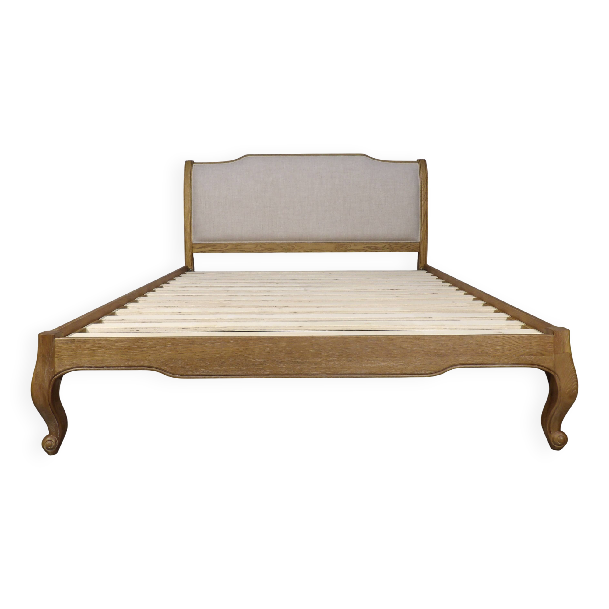 Shabby chic double bed in oak and linen 160 x 200