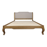 Shabby chic double bed in oak and linen 160 x 200