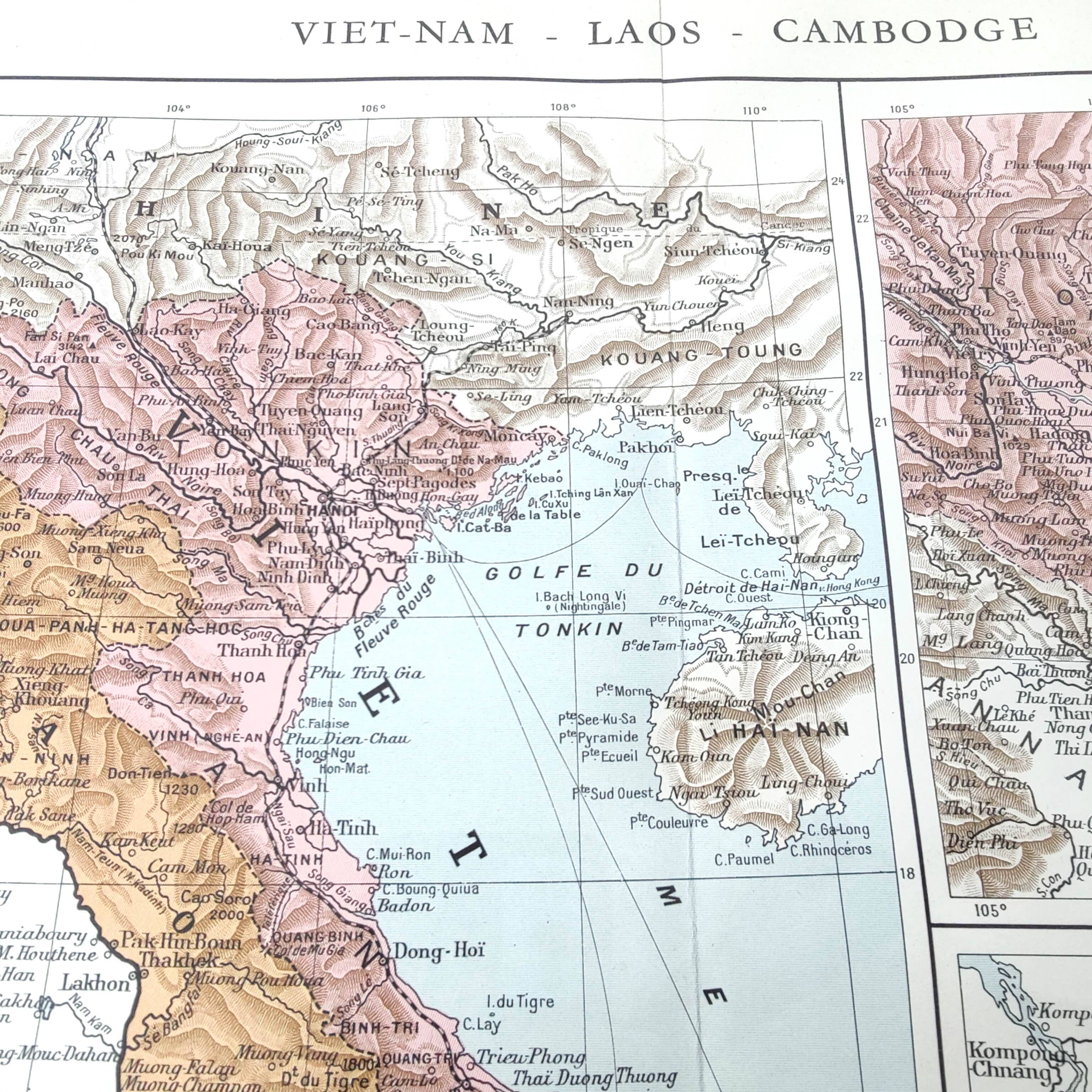 Old map Vietnam Laos Cambodia Asia 43x43cm from 1950