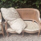 Louis XV style living room sofa and 2 armchairs - canework and carved wood