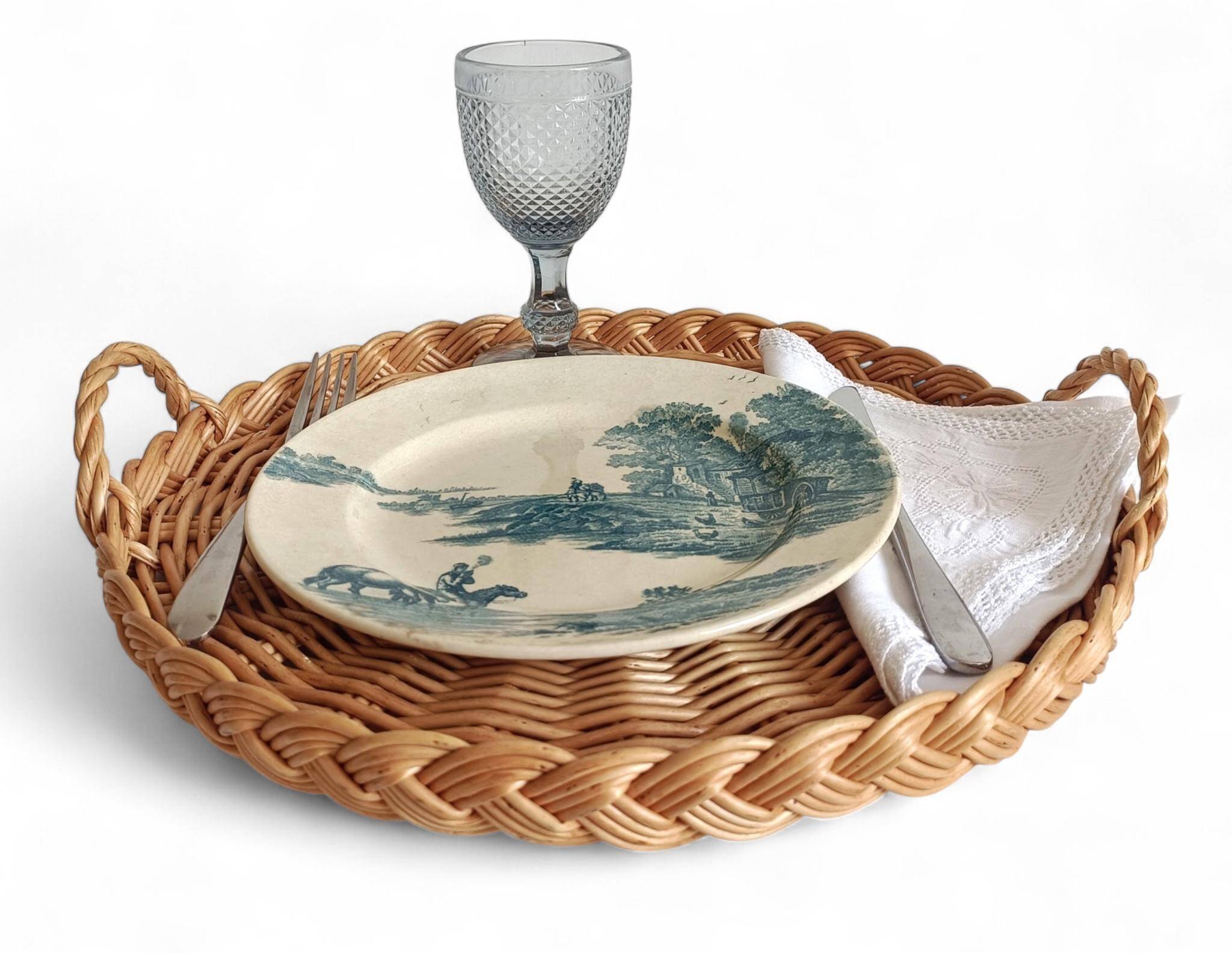 Rustic French Provence Large Round Handled Wicker Tray, France