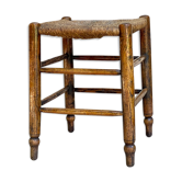 Tabouret ancien paille et chêne façon campagne