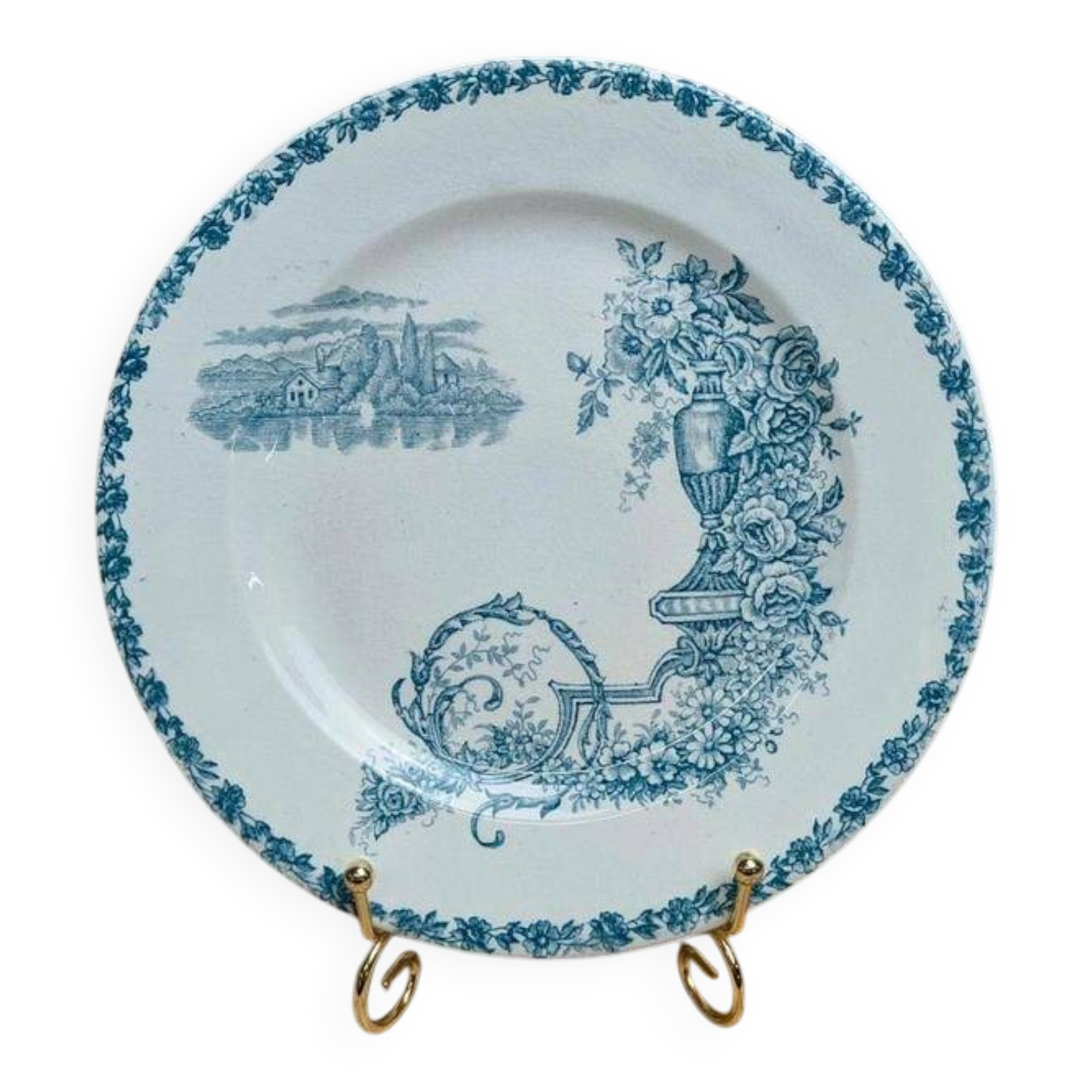 Dessert plate in ironstone Clairefontaine model Buffon blue with old landscape decoration.