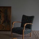 Danish mid-century modern, pair of beech armchairs with original fabric, 1960s.