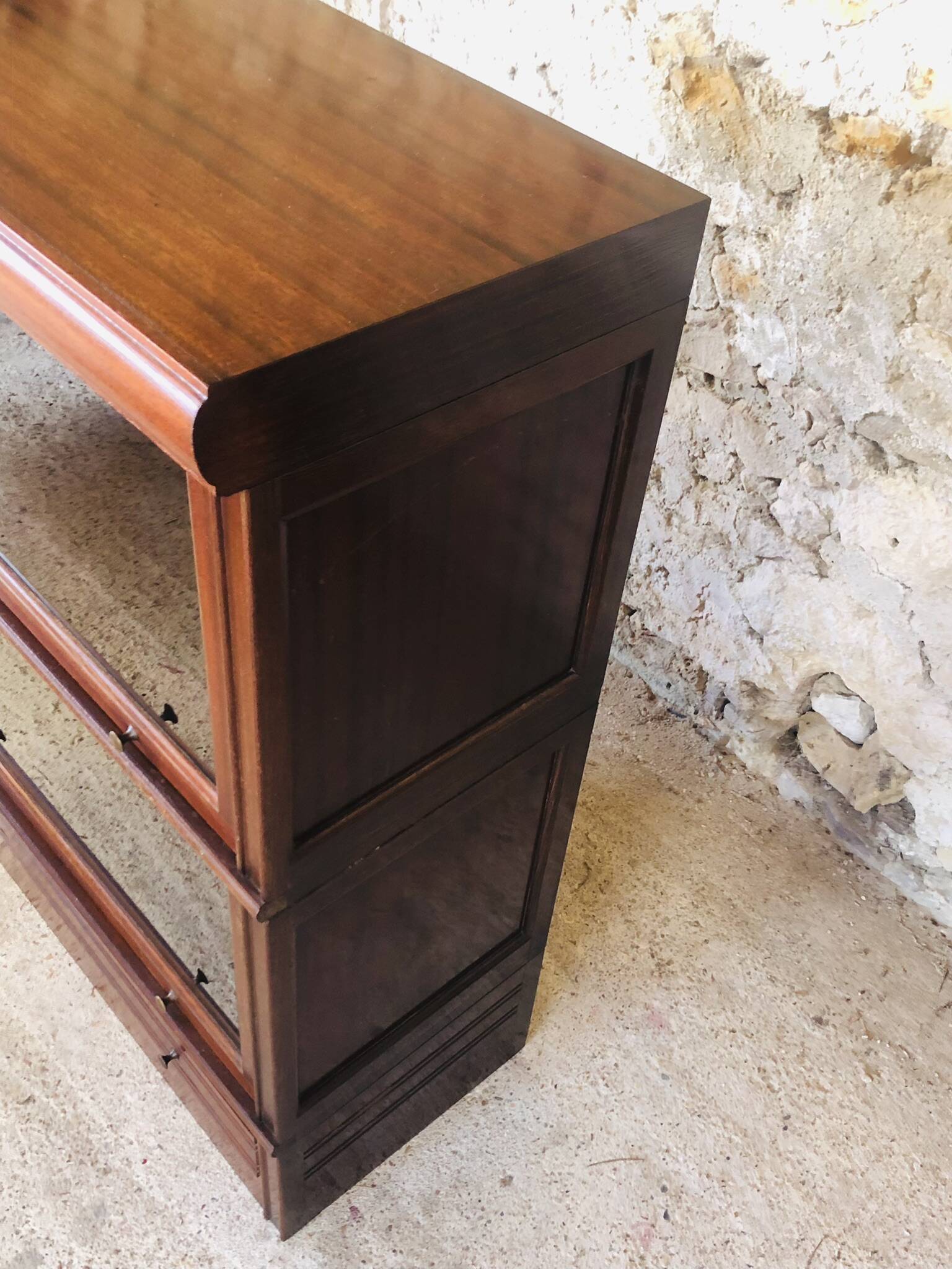 Vintage mahogany avocado bookcase with overhead glass doors circa 40's/50's