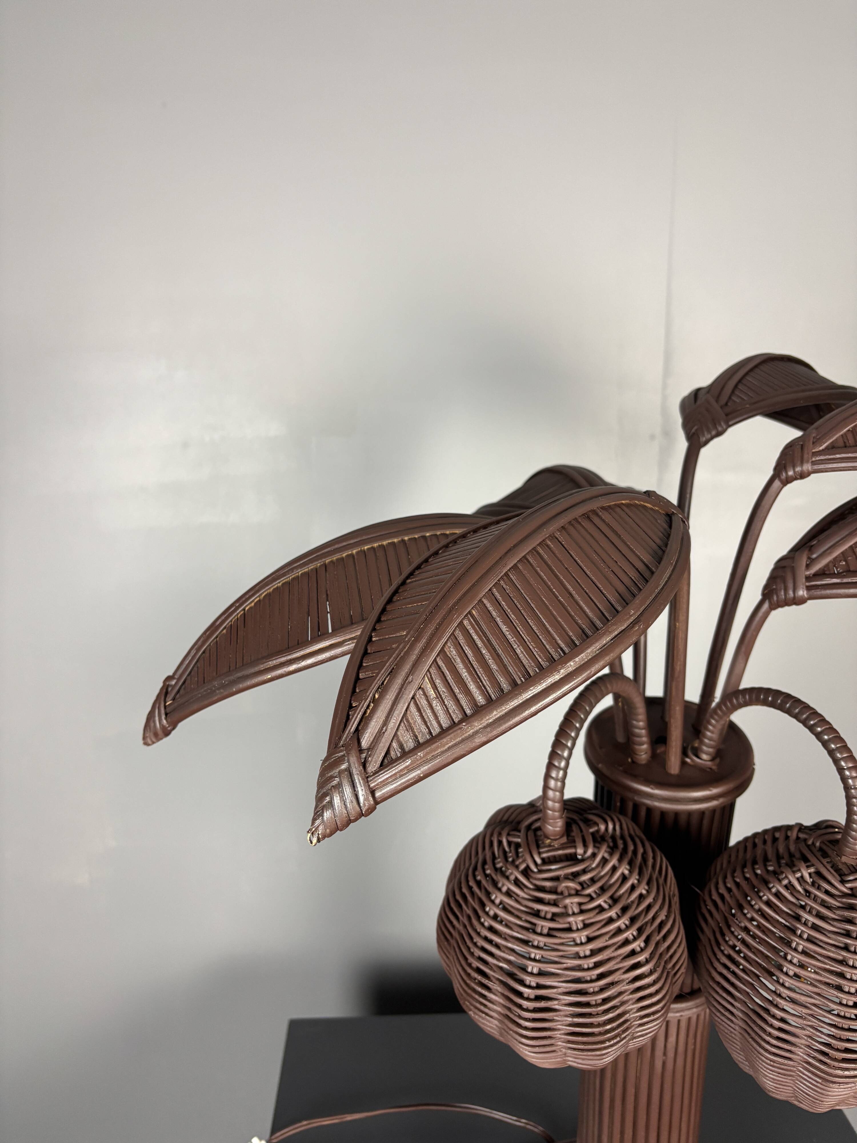 Pencil reed rattan bamboo palm tree coconut table lamp Maro Lopez style 70s