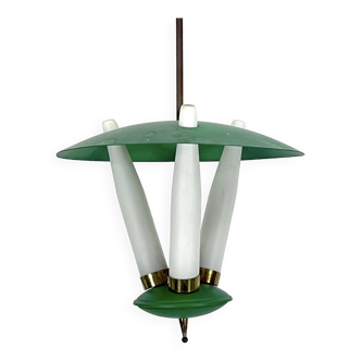 Mid-Century green three opaline glasses lantern. Italy 1950s