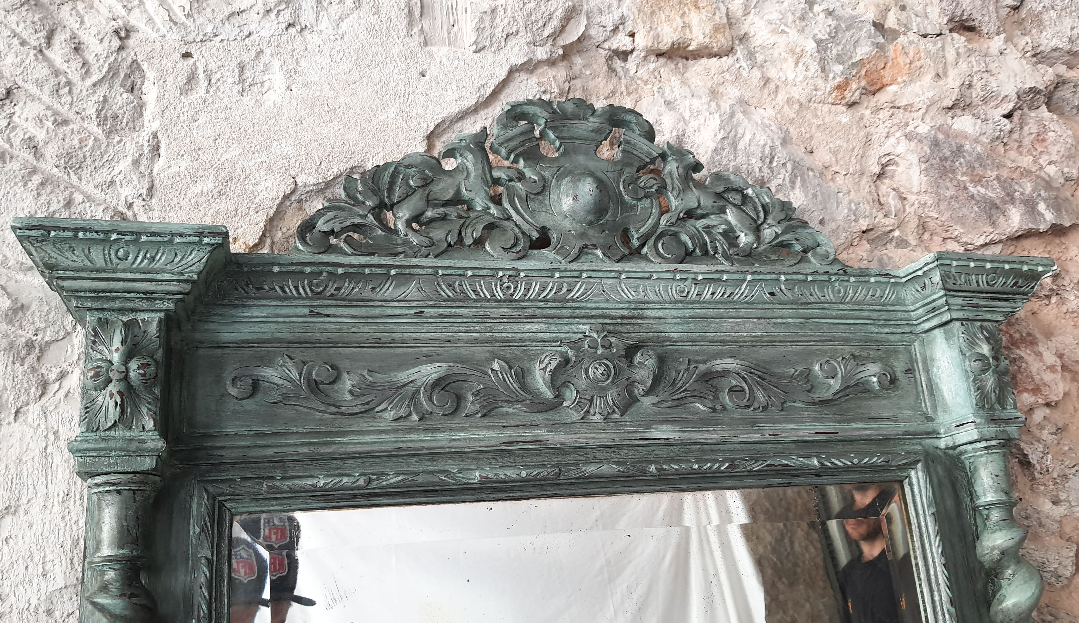 Miroir Louis XIII Shabby Chic patiné 166cm