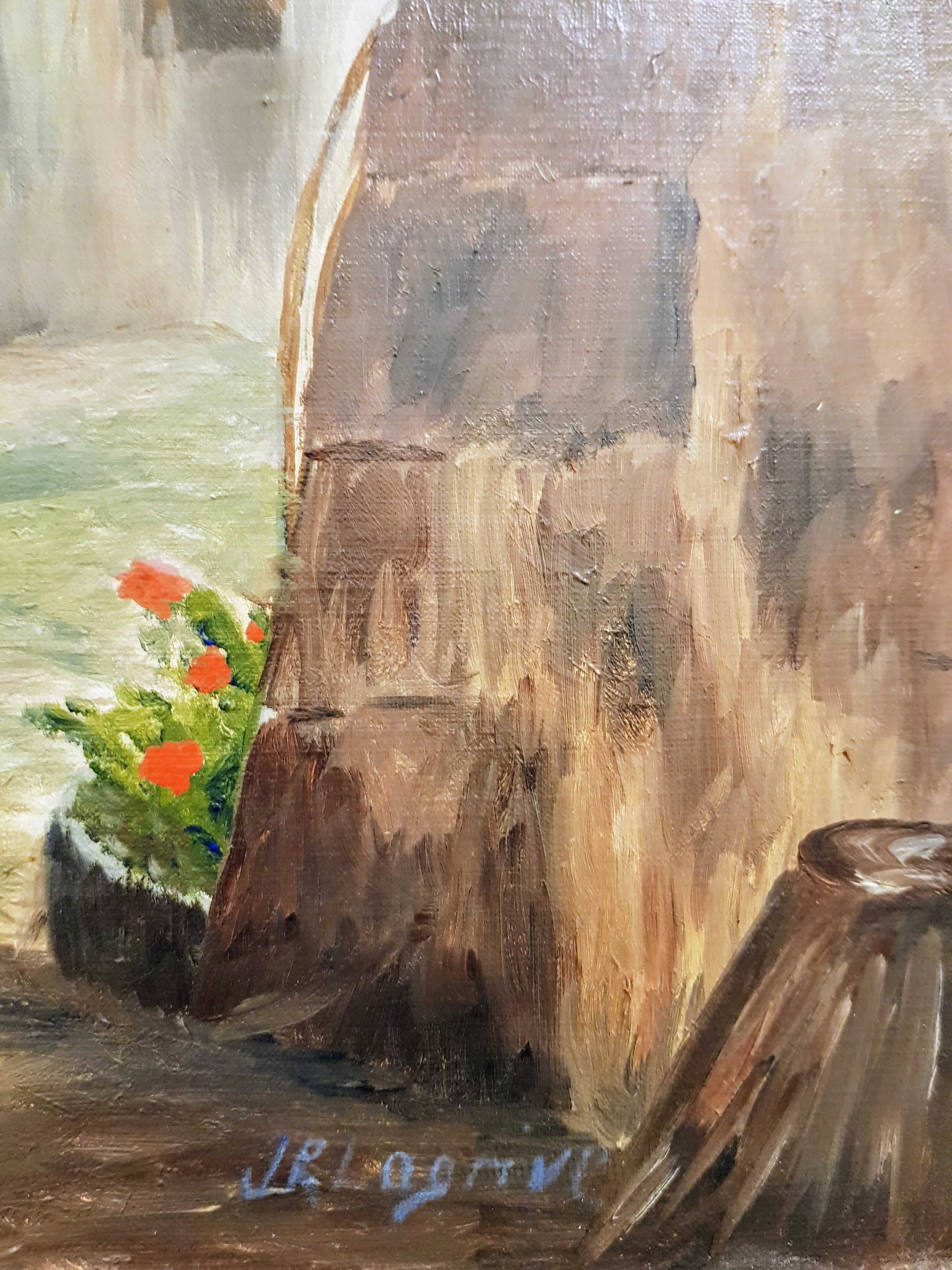 Vintage Oil Painting Swiss Village, 20th Century