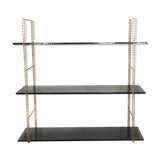 String gold metal shelf and black wood