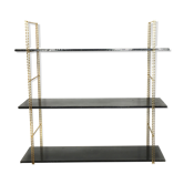 String gold metal shelf and black wood