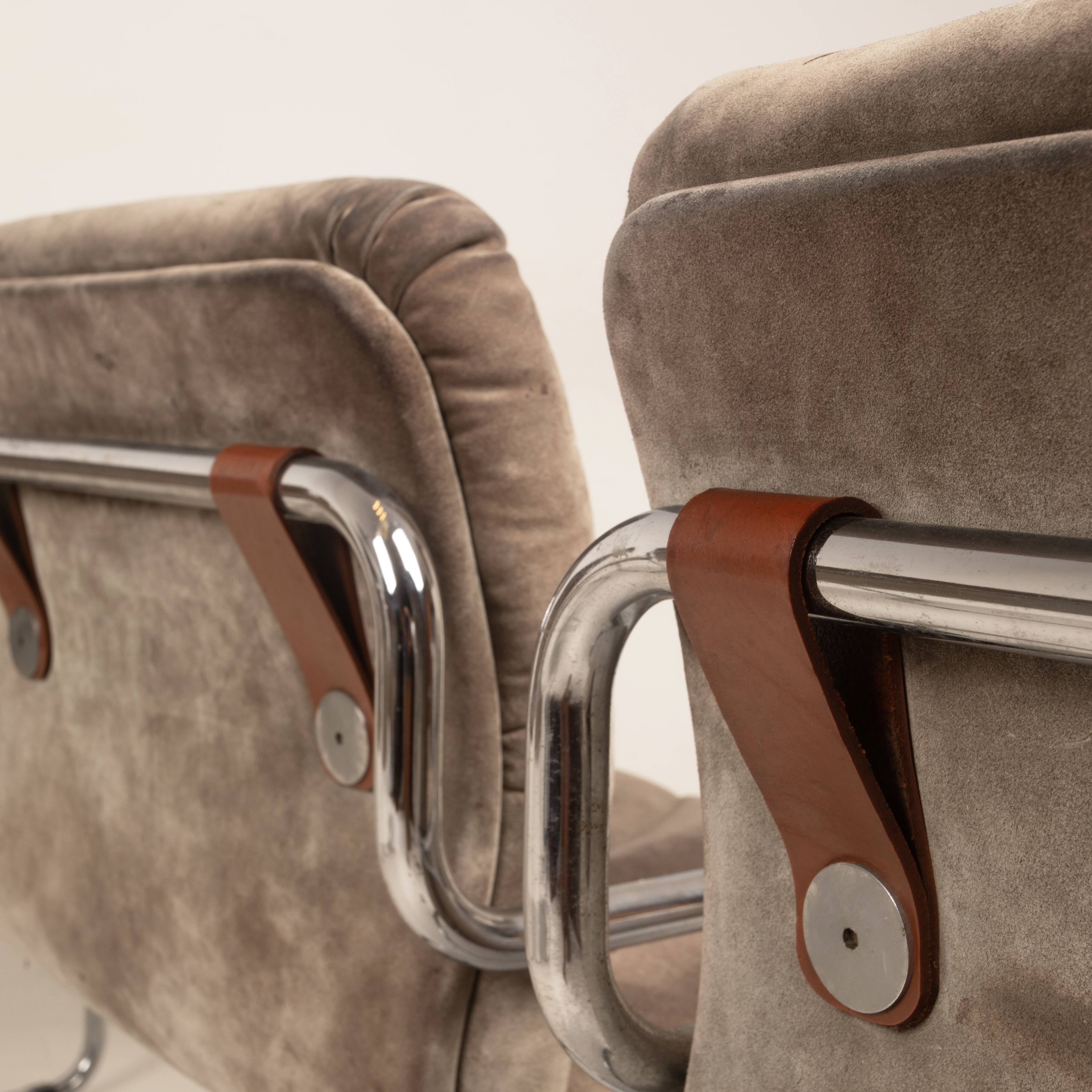 Guido Faleschini Italian Astro Chrome and Taupe Suede Armchairs for i4 Mariani