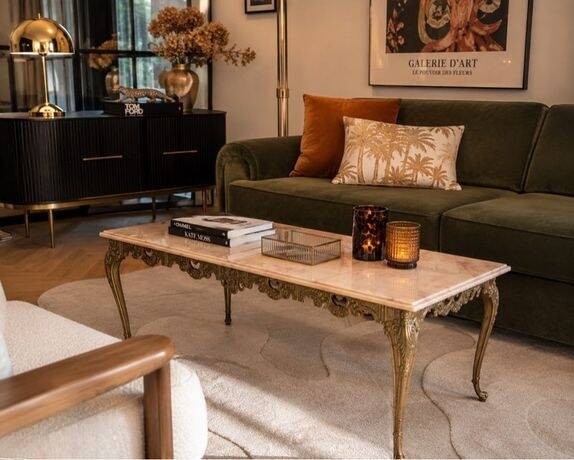 Vintage coffee table in Louis XV style with bronze/gilded brass and onyx/marble top.