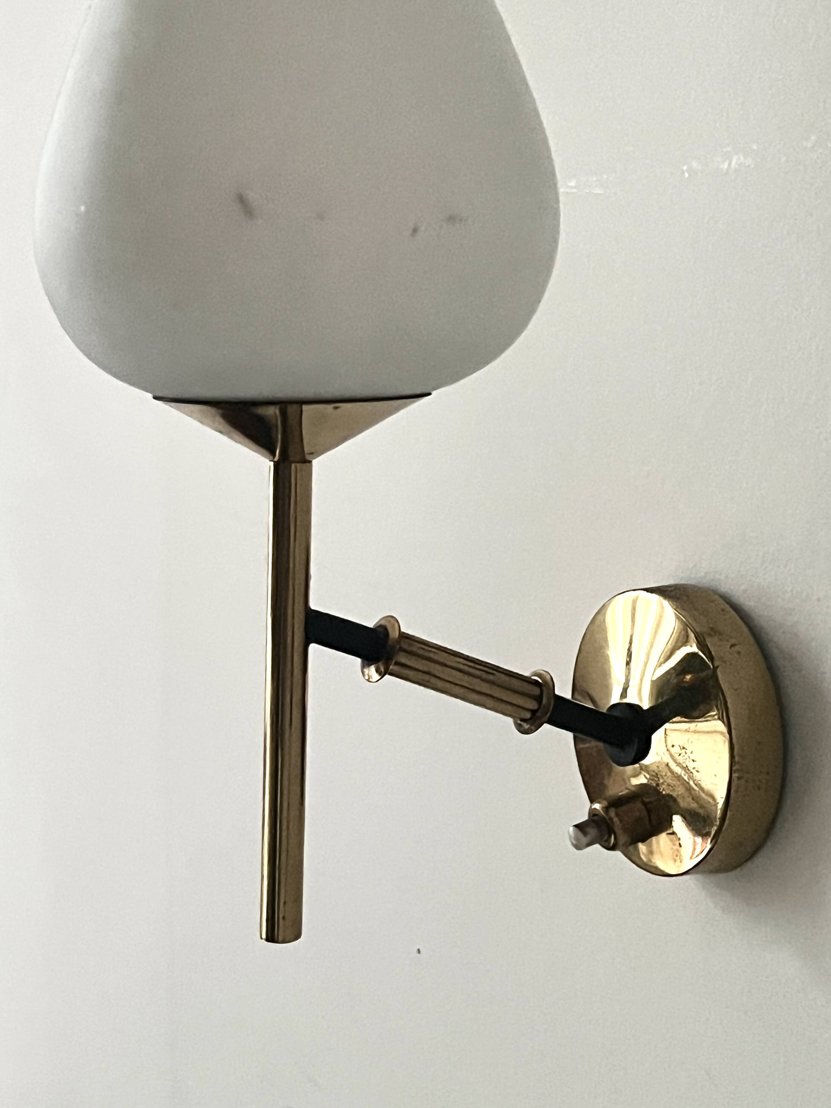 Brass and white opaline glass wall light, Arlus design 1950.