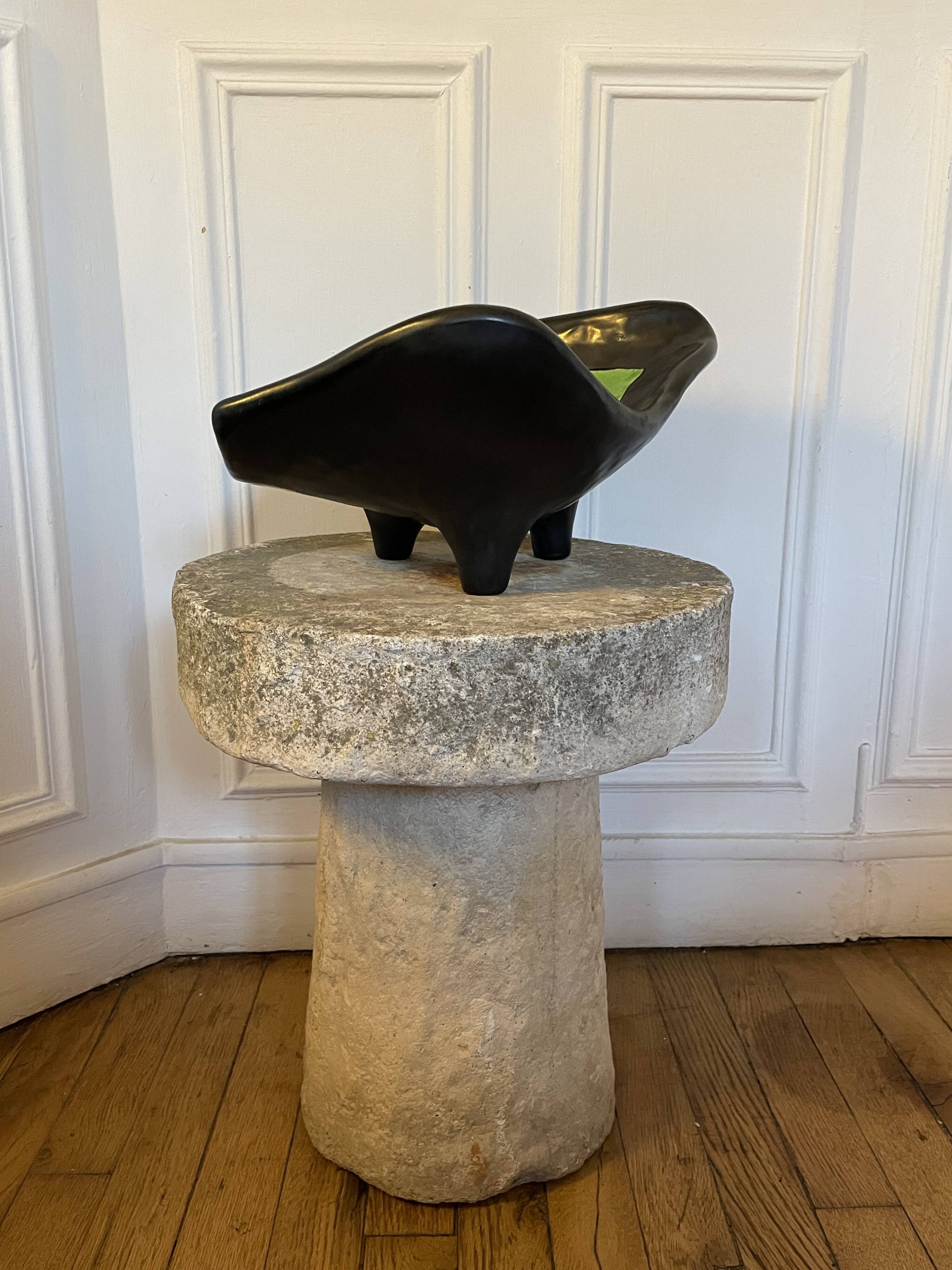 Large tripod pocket bowl in black ceramic 1950