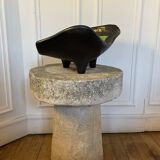 Large tripod pocket bowl in black ceramic 1950