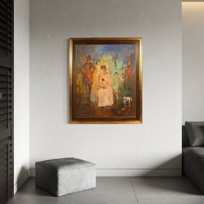 Italian painting, Family of Acrobats, dated 1981