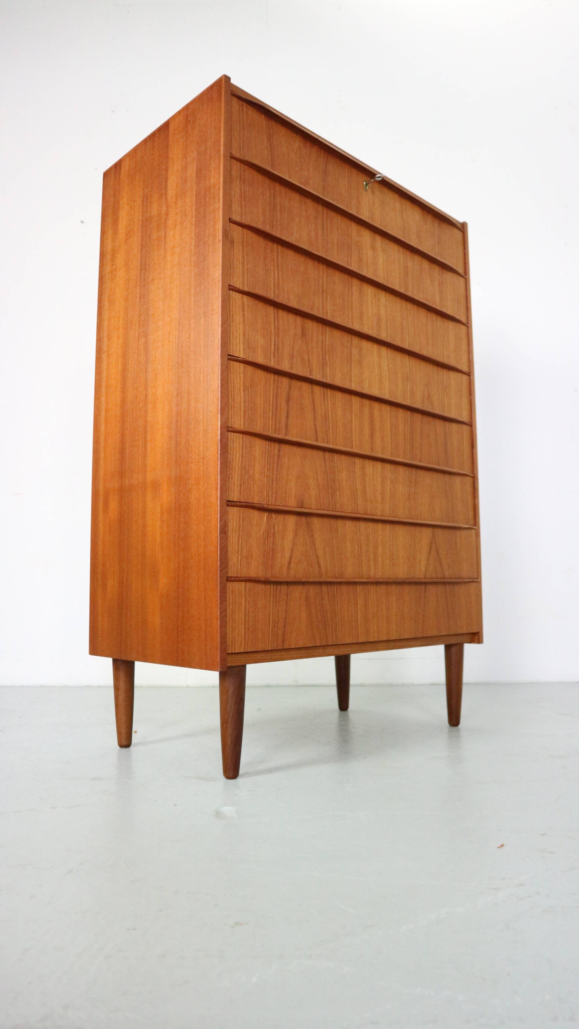 Mid-Century Modern Danish Chest of Eight Drawers, Tallboy in Teak, Denmark, 1960