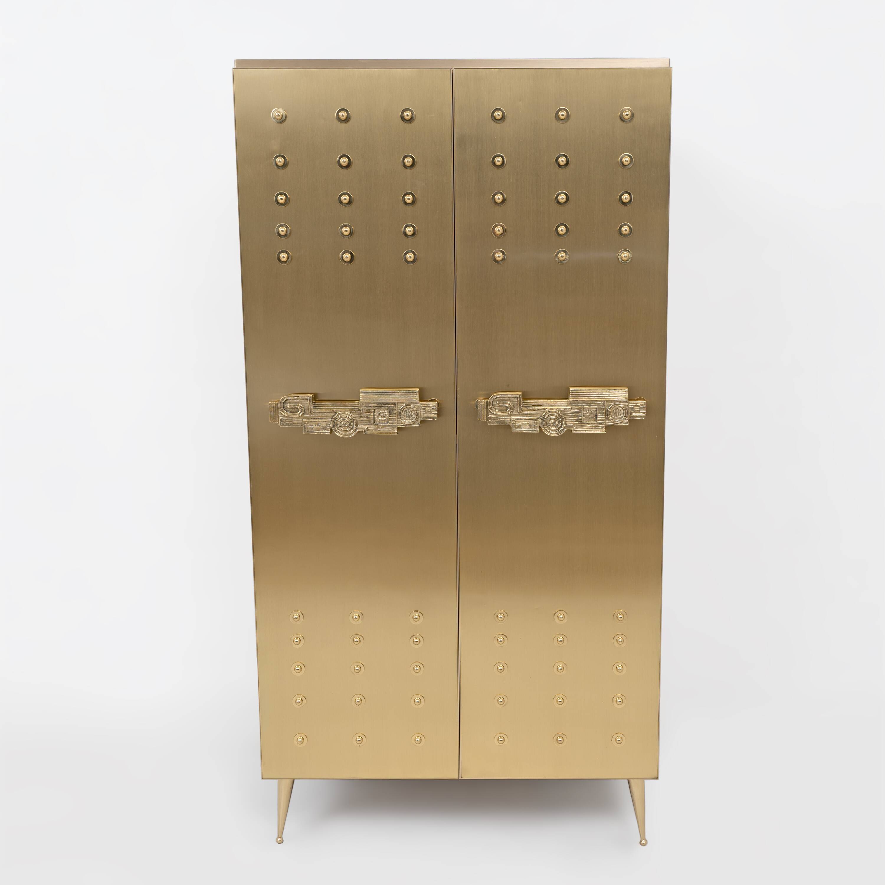 Italian Brass Bar Cabinet with Sculptural Cast Brass Handles