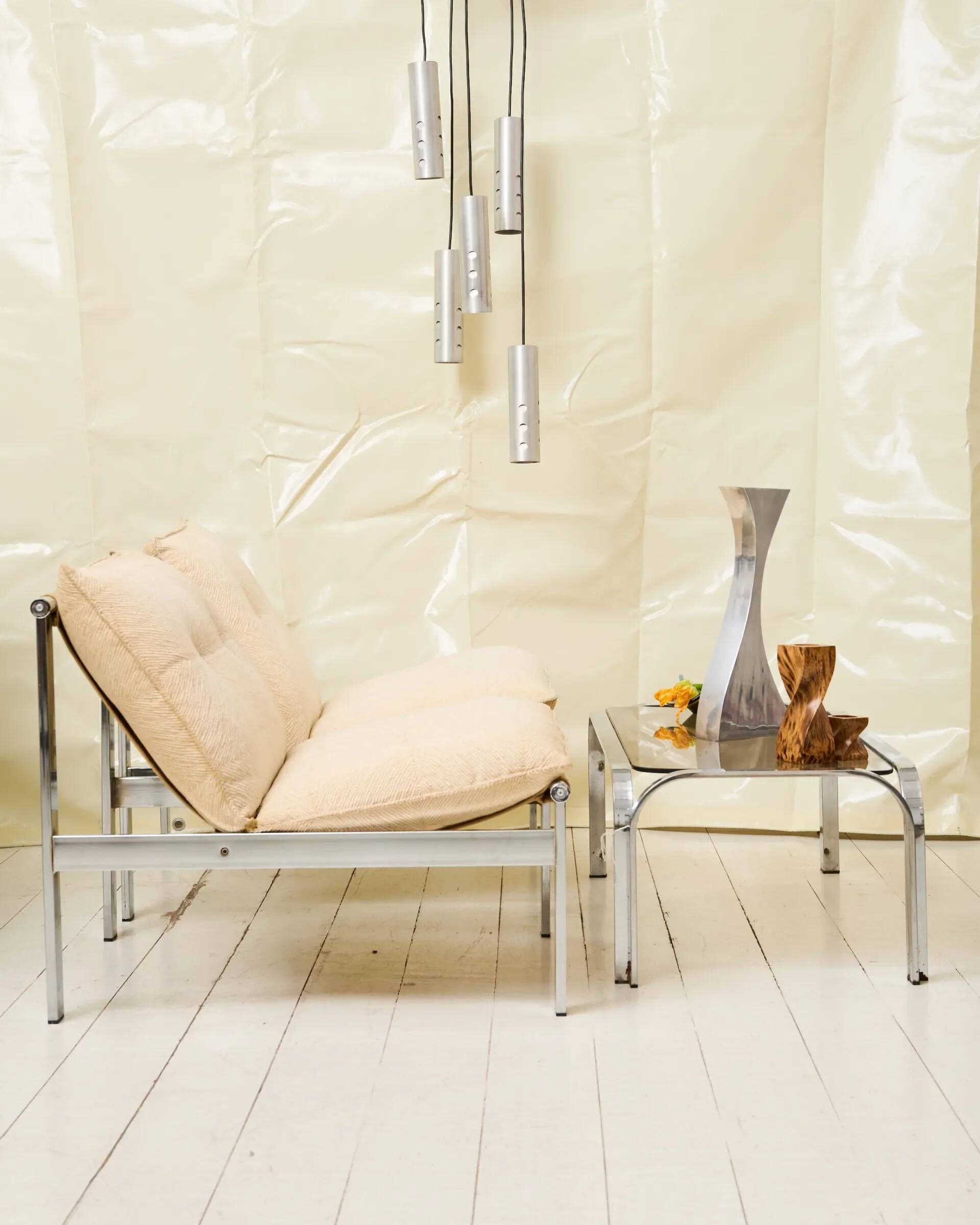 Beige armchair with chrome frame (1 of 2), Italy, 1980s