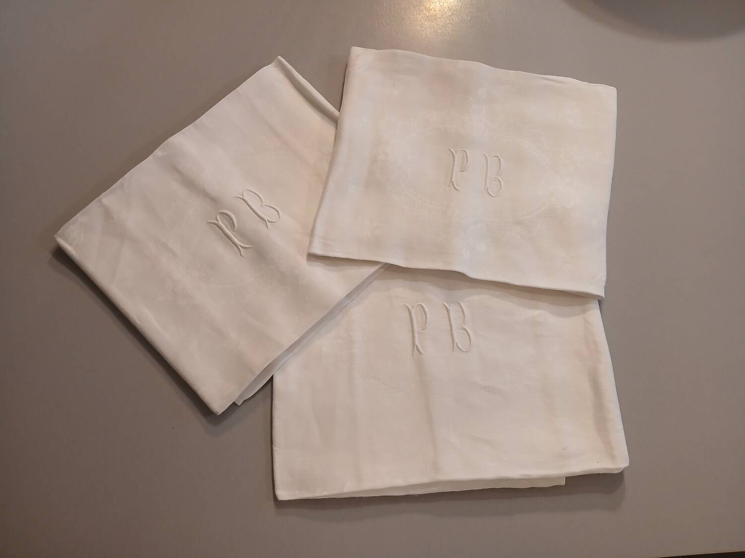 3 small antique tablecloths with embroidered initials PB