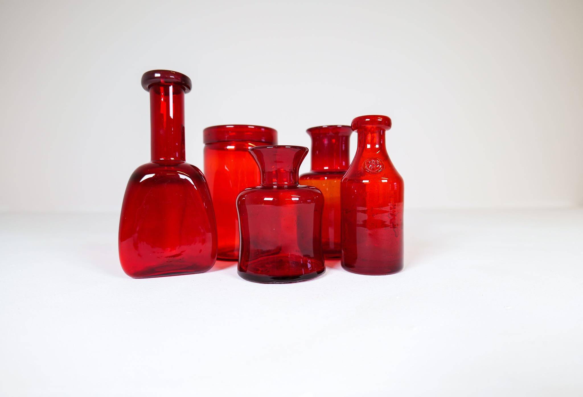 Collection of five rare red vases by Erik Hoglund, Sweden, 1960s.