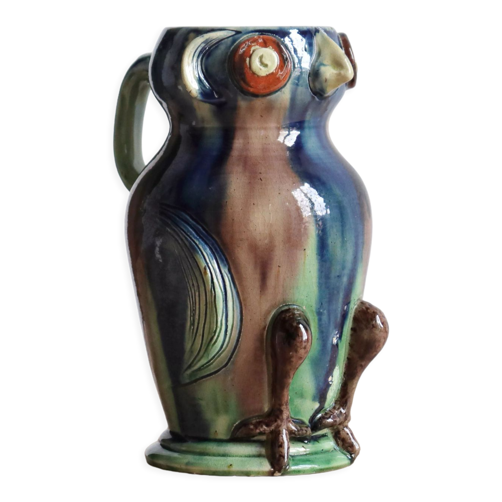 Zoomorphic ceramic owl vase in Flanders earth, Torhout Belgium, Art Nouveau period