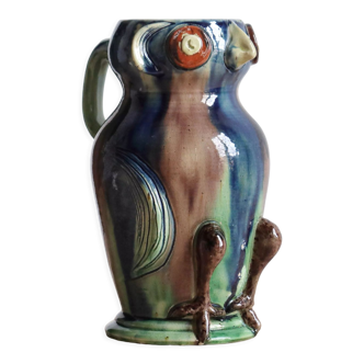 Zoomorphic ceramic owl vase in Flanders earth, Torhout Belgium, Art Nouveau period