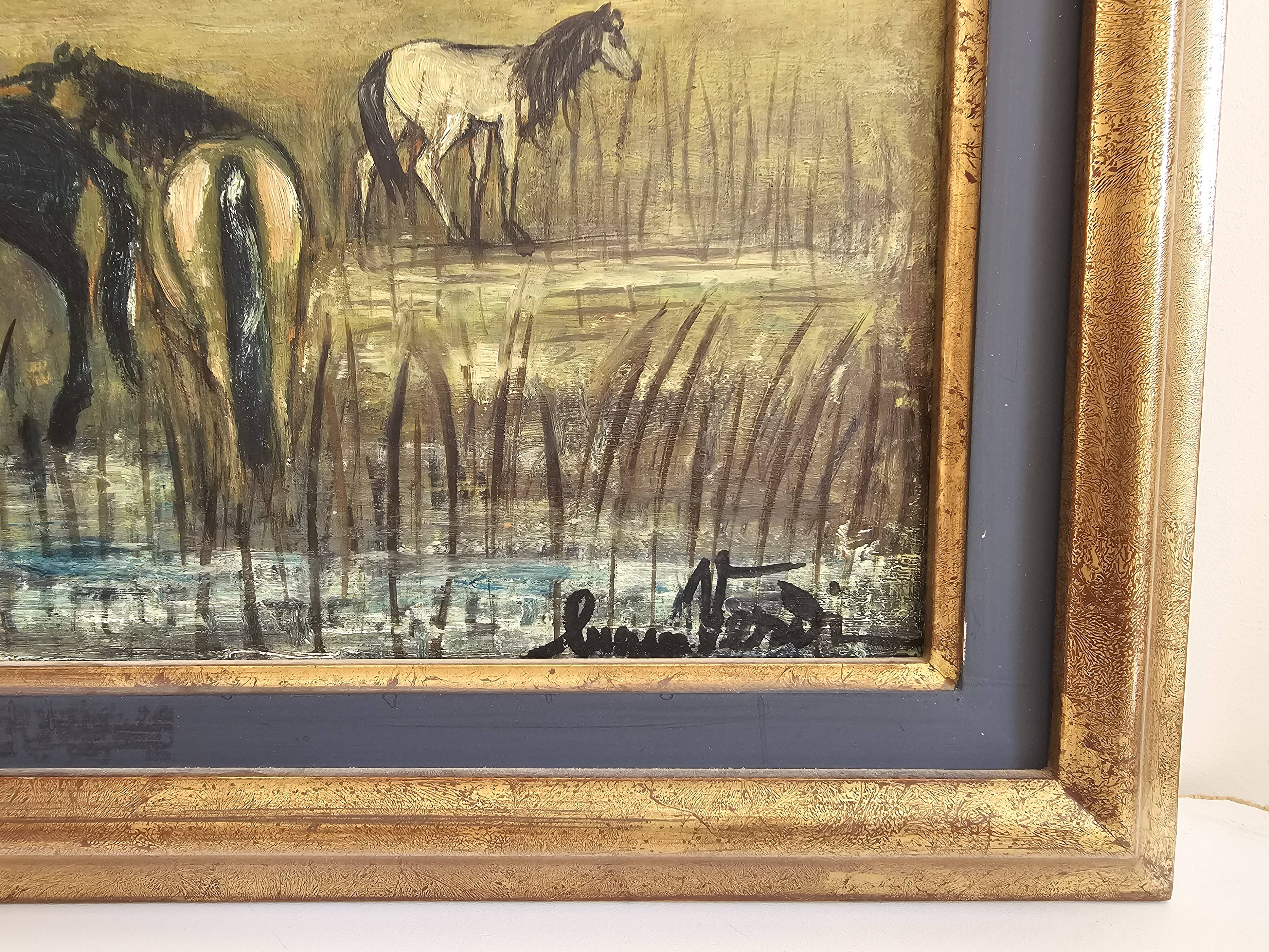 Tableau Huile sur Panneau école de Barbizon - Chevaux au pré Signé Lucien V