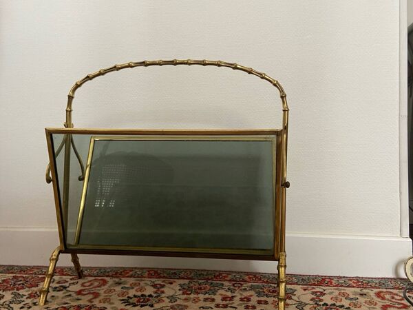 Porte-Revues en Laiton et Verre Faux Bambou style Maison Baguès, 1960s