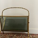 Maison Baguès Style Brass and Faux Bamboo Glass Magazine Rack, 1960s