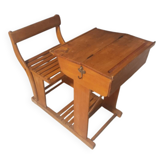 School desk circa 1950, bench, desk.