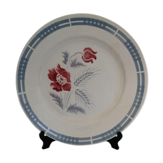 Plat plat ancien Digoin Sarreguemines modèle Carole fleurs bleues et rouges au pochoir
