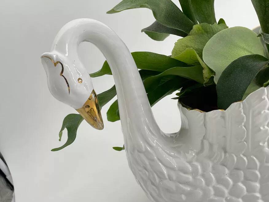 Vintage white and gold ceramic swan planter
