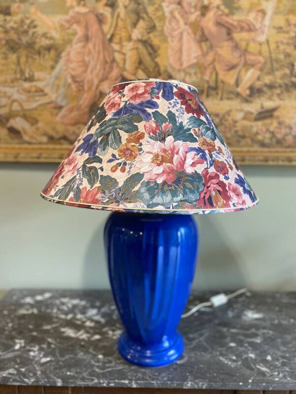 Grande Lampe céramique bleu abat jour fleuri