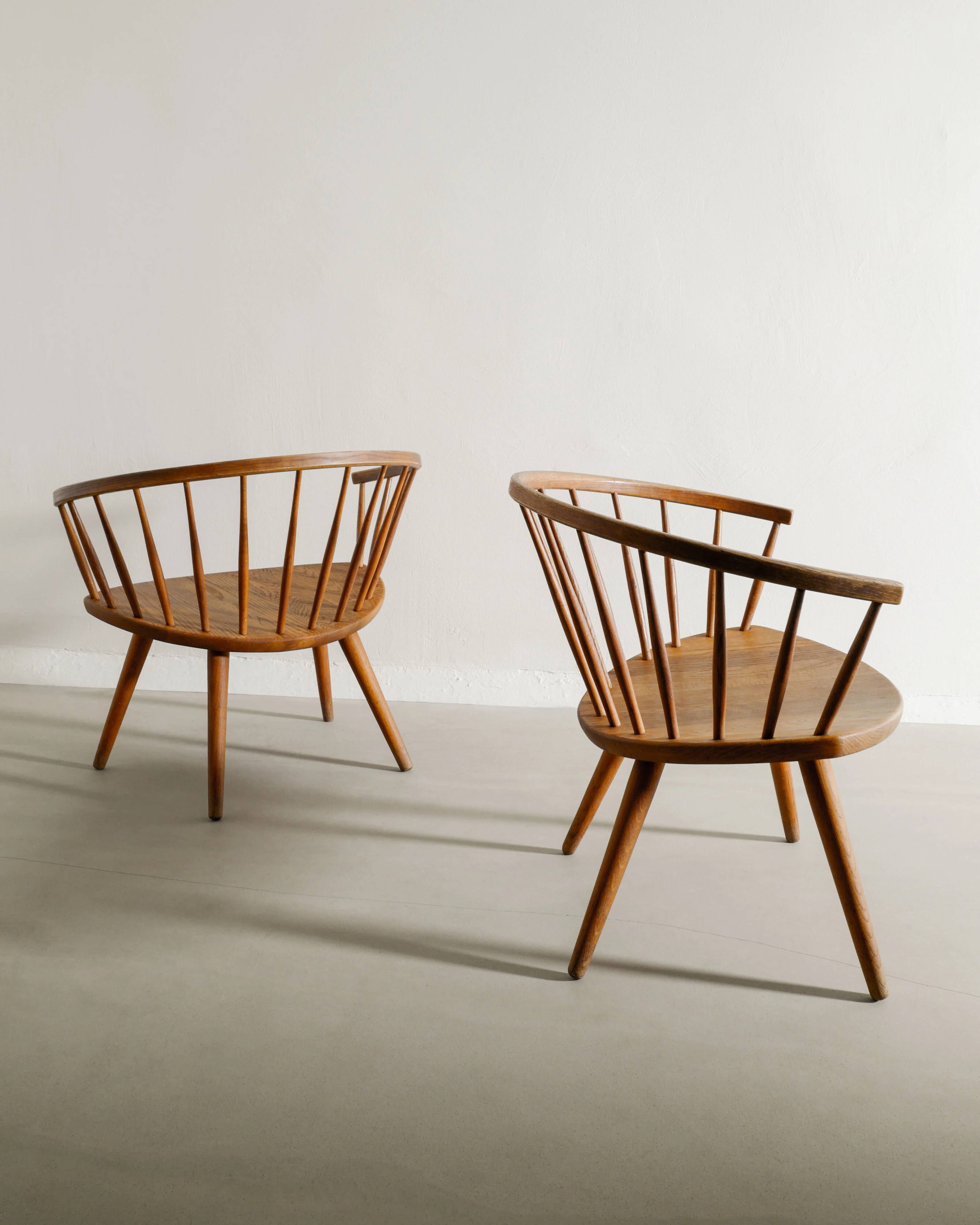 Vintage Swedish Sculptural Mid Century Oak Armchairs Yngve Ekström, 1950s